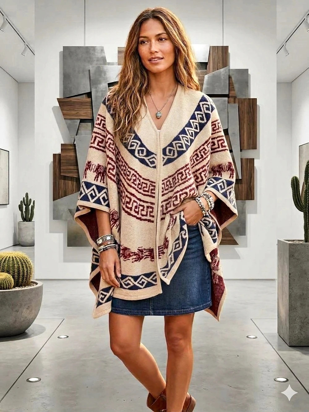 Vintage Boho Southwestern Geometric Print Knit Poncho